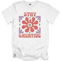 White t-shirt with retro graphic saying "STAY CREATIVE" in orange.