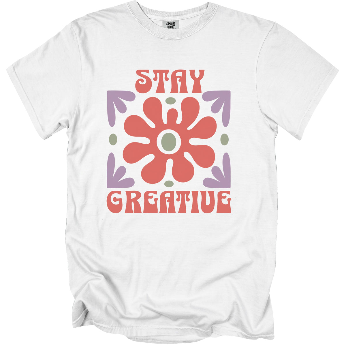 White t-shirt with retro graphic saying "STAY CREATIVE" in orange.
