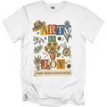 White t-shirt with "ART IS JOY" text and artistic elements including sunflowers.