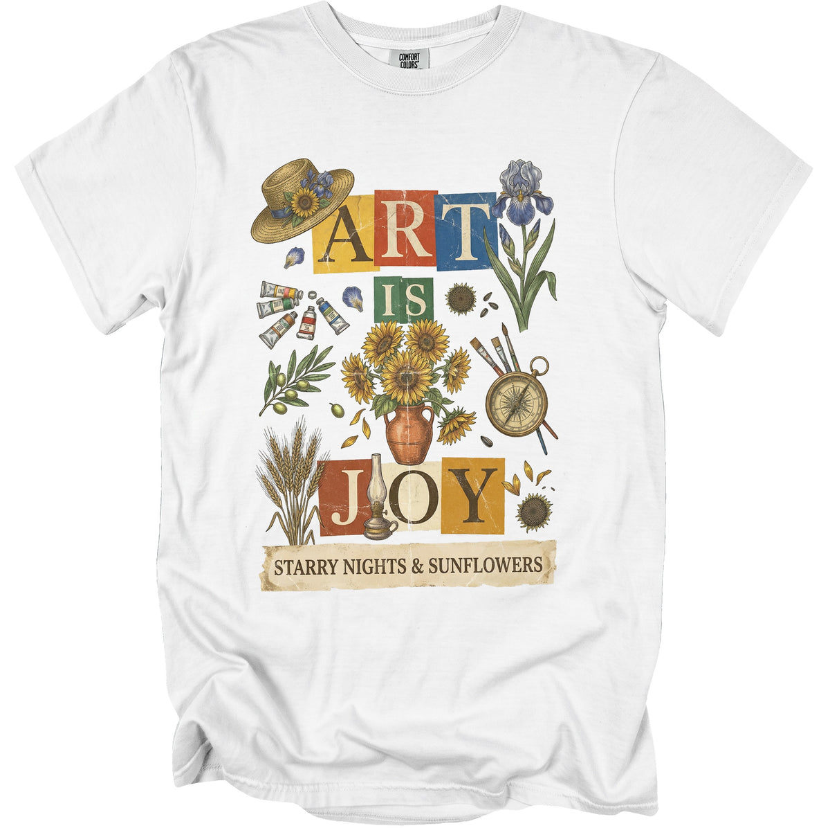 White t-shirt with "ART IS JOY" text and artistic elements including sunflowers.