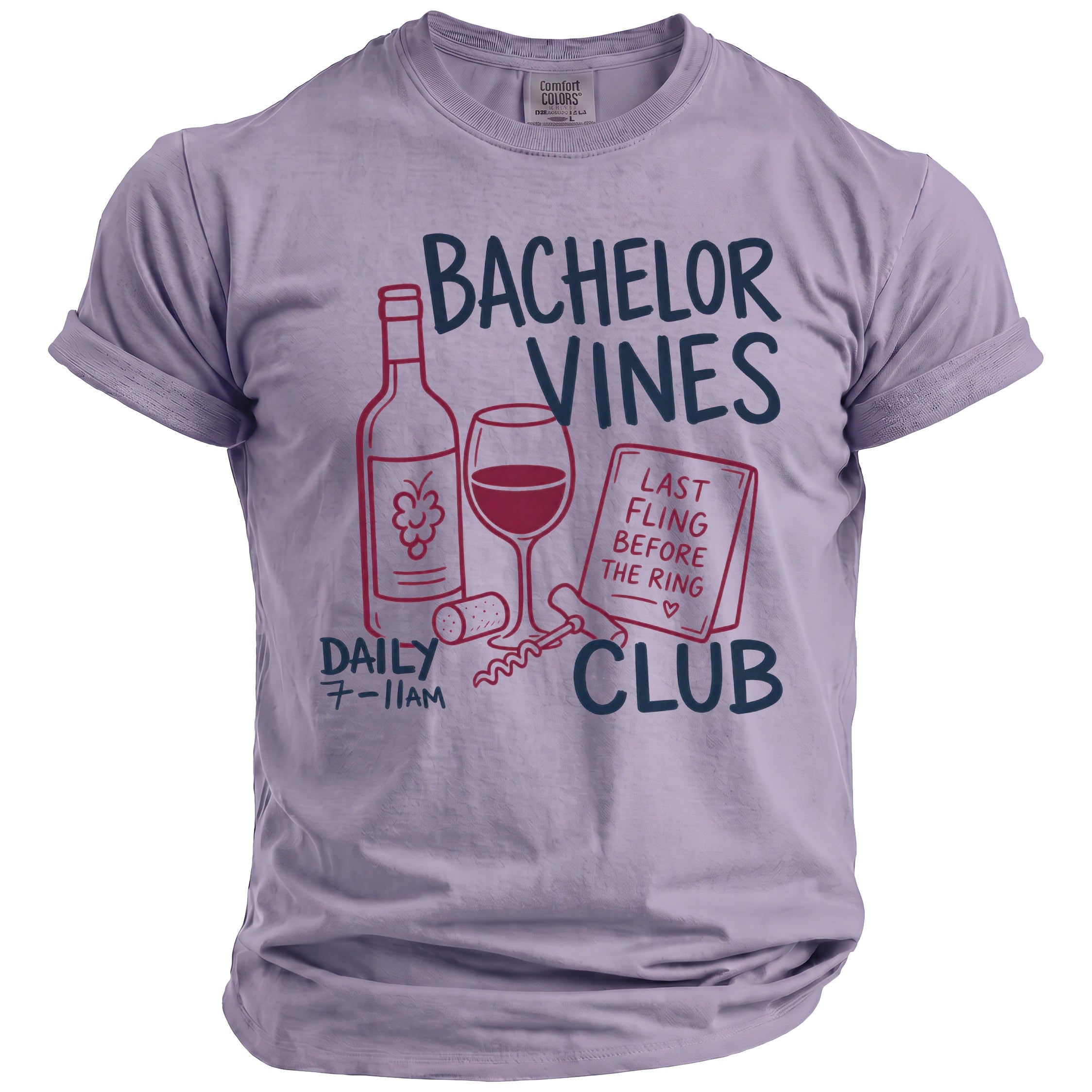 Purple t-shirt with "Bachelor Vines Club" text and wine graphics.