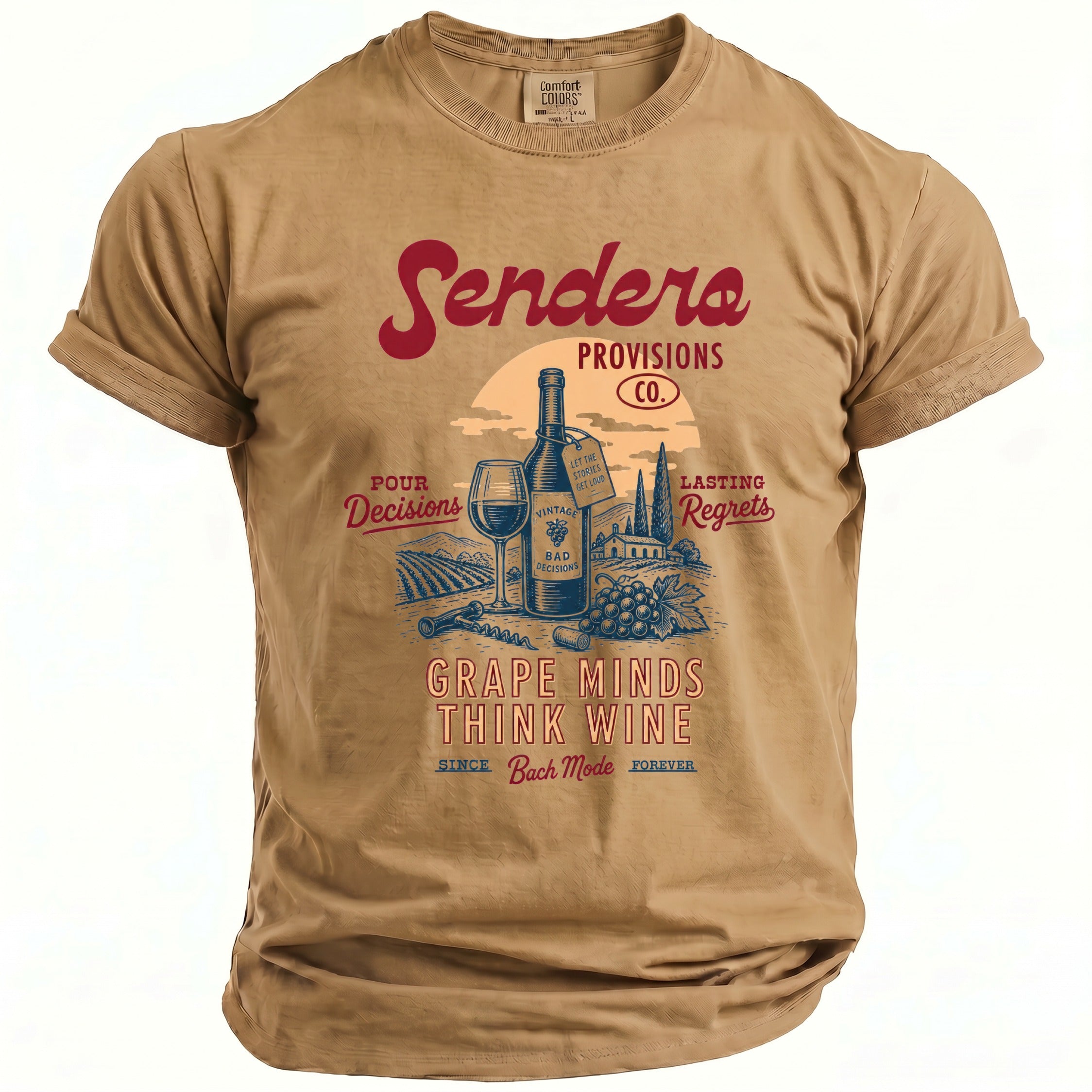 Sendera Provisions Co. shirt with grape, wine bottle, and vineyard graphic and text.