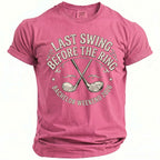 Pink t-shirt with graphic of crossed golf clubs and "Last Swing Before the Ring Bachelor Weekend 2026".