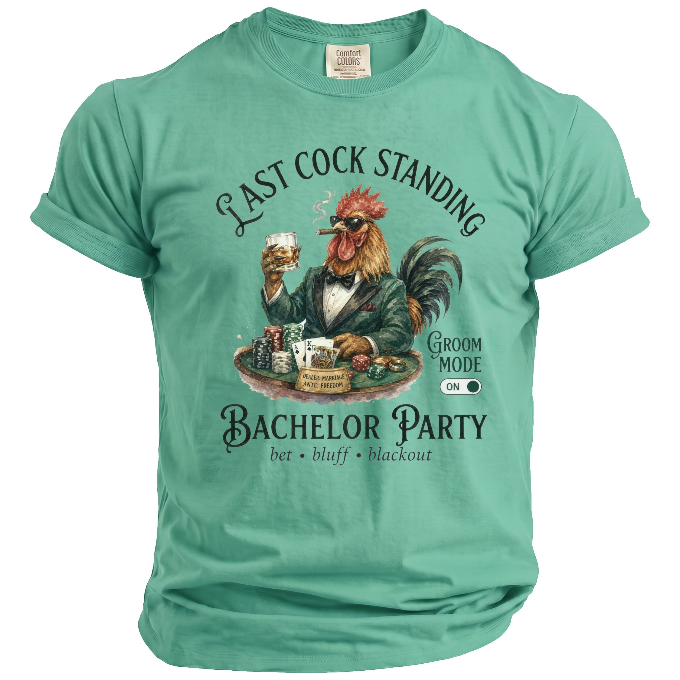 Rooster in suit at poker table, "Last Cock Standing" and "Bachelor Party" text.