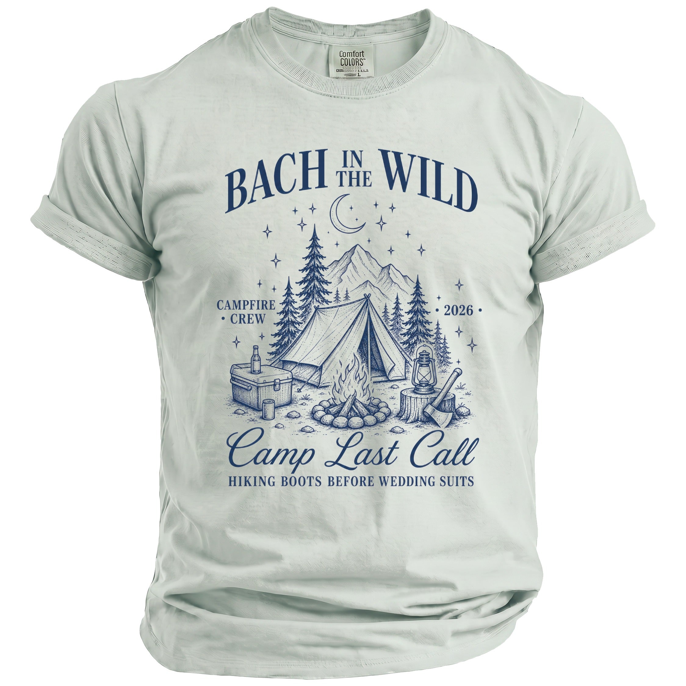 Light blue t-shirt with "Bach In The Wild" and camping graphic.