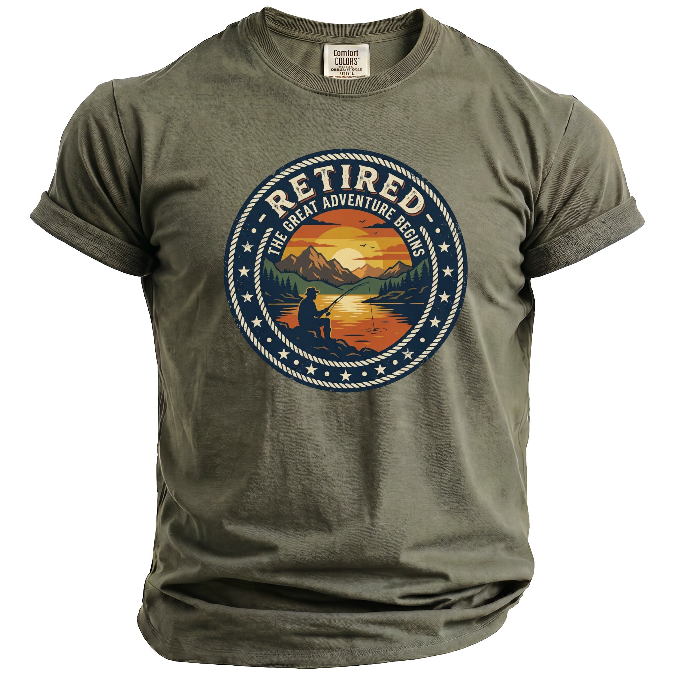 Olive green t-shirt with a circular graphic of a fisherman at sunset.