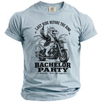 Light blue t-shirt with dragon riding motorcycle graphic and text "Last Ride Before the Ring Bachelor Party".