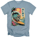 Raccoon surfing a wave with Japanese text and tropical background.