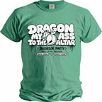 Green t-shirt with "Dragon My Ass To The Altar Bachelor Party" text and a dragon.
