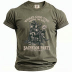 Olive green t-shirt with a witch illustration and "Bachelor Party" text.