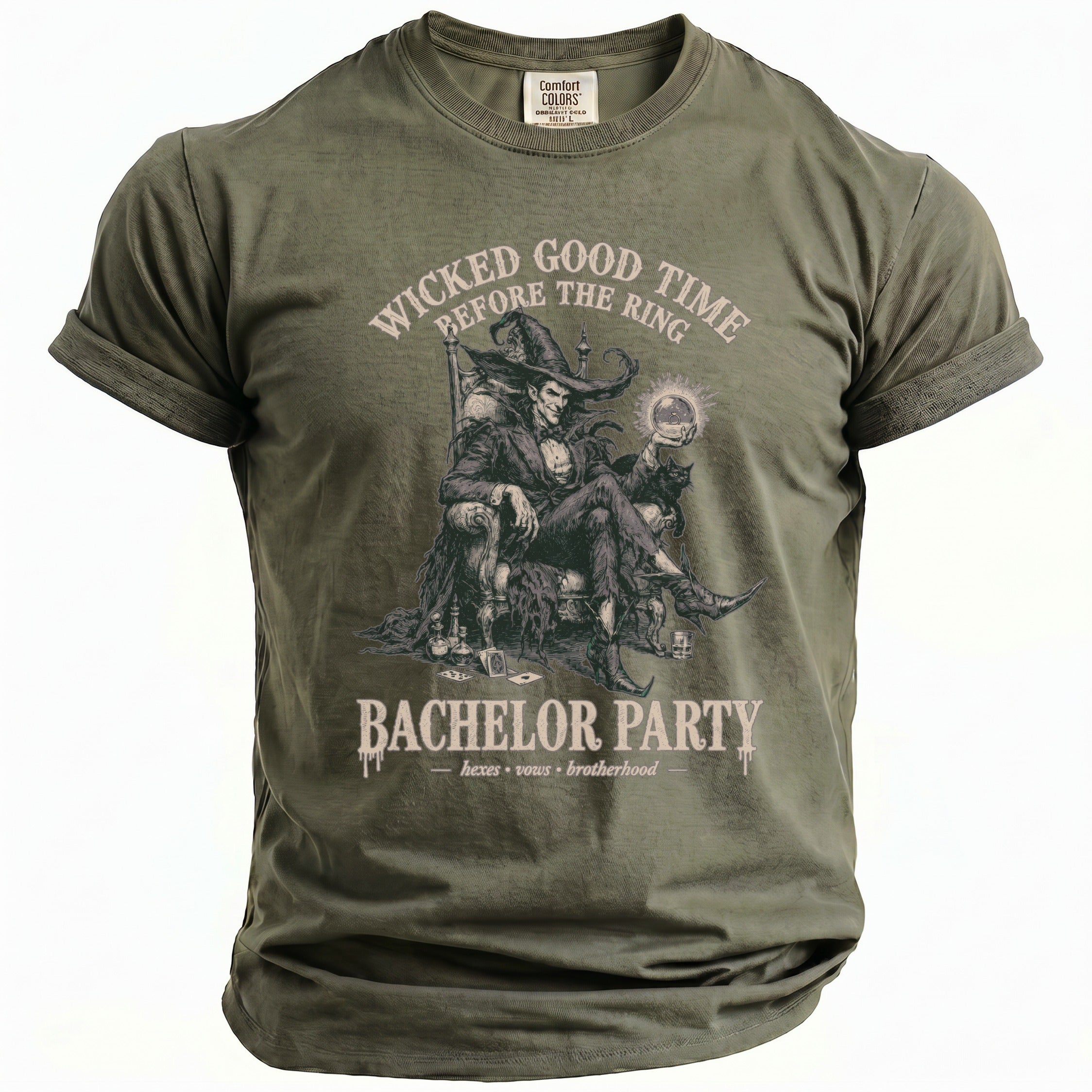 Olive green t-shirt with a witch illustration and "Bachelor Party" text.