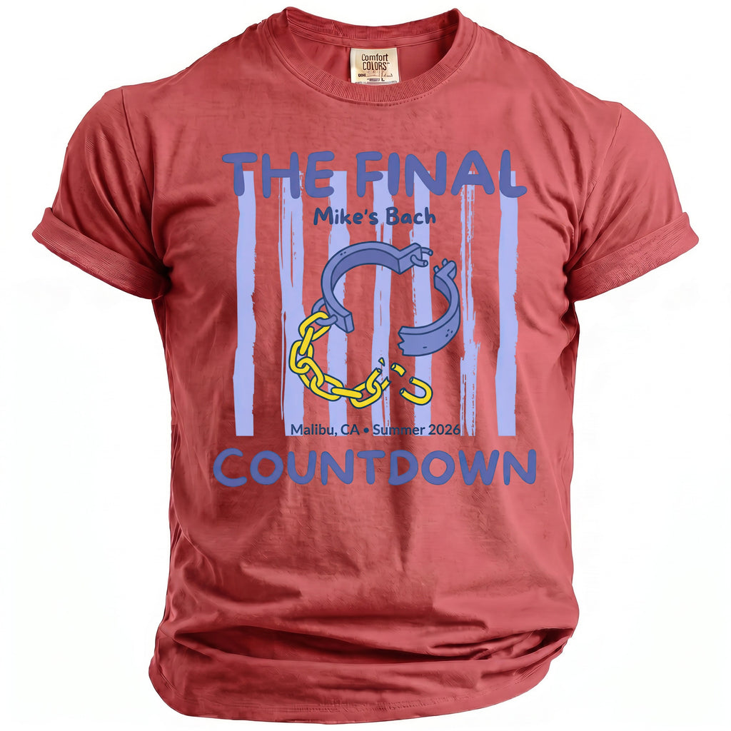 Red t-shirt with "THE FINAL COUNTDOWN" text and broken chains graphic.