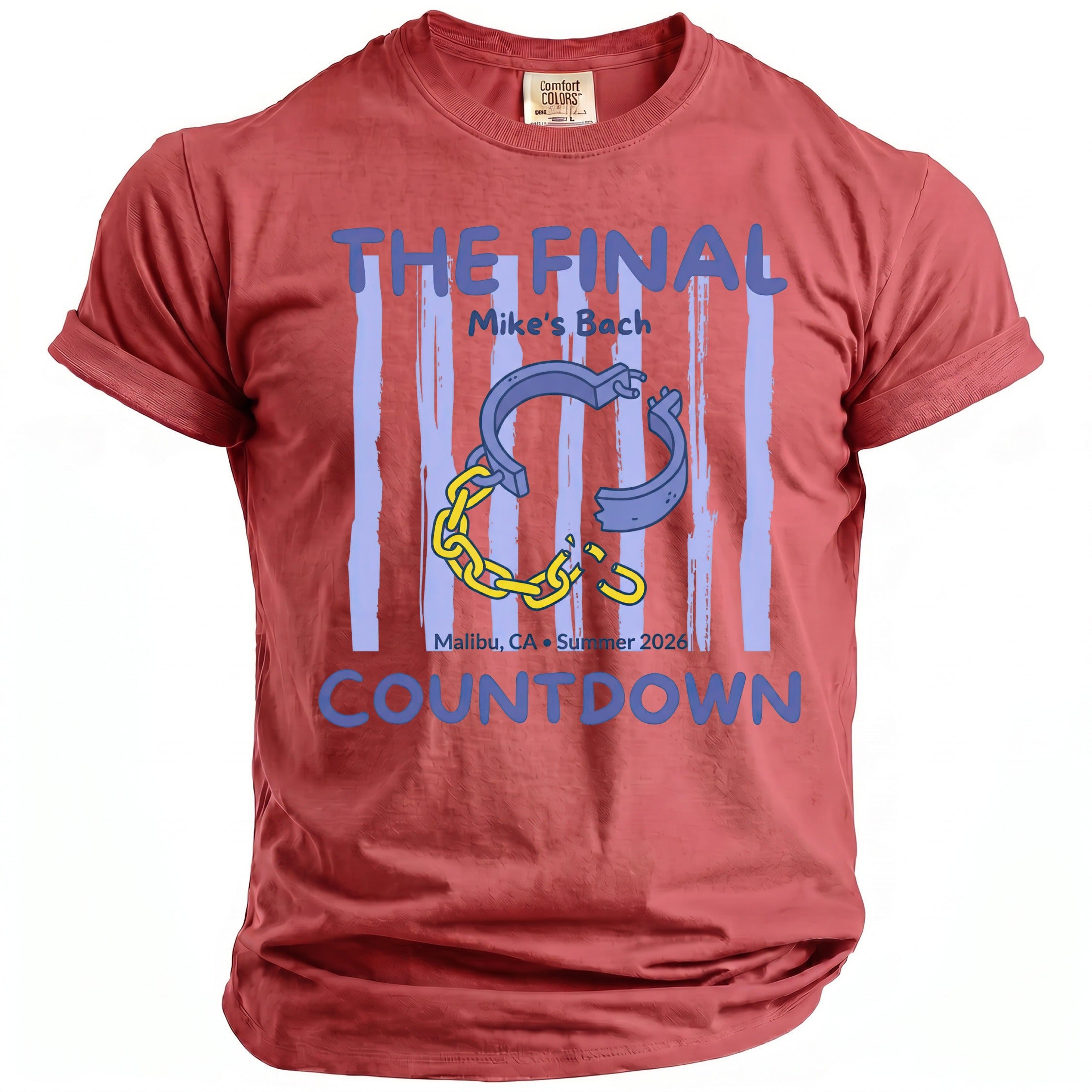 Red t-shirt with "THE FINAL COUNTDOWN" text and broken chains graphic.