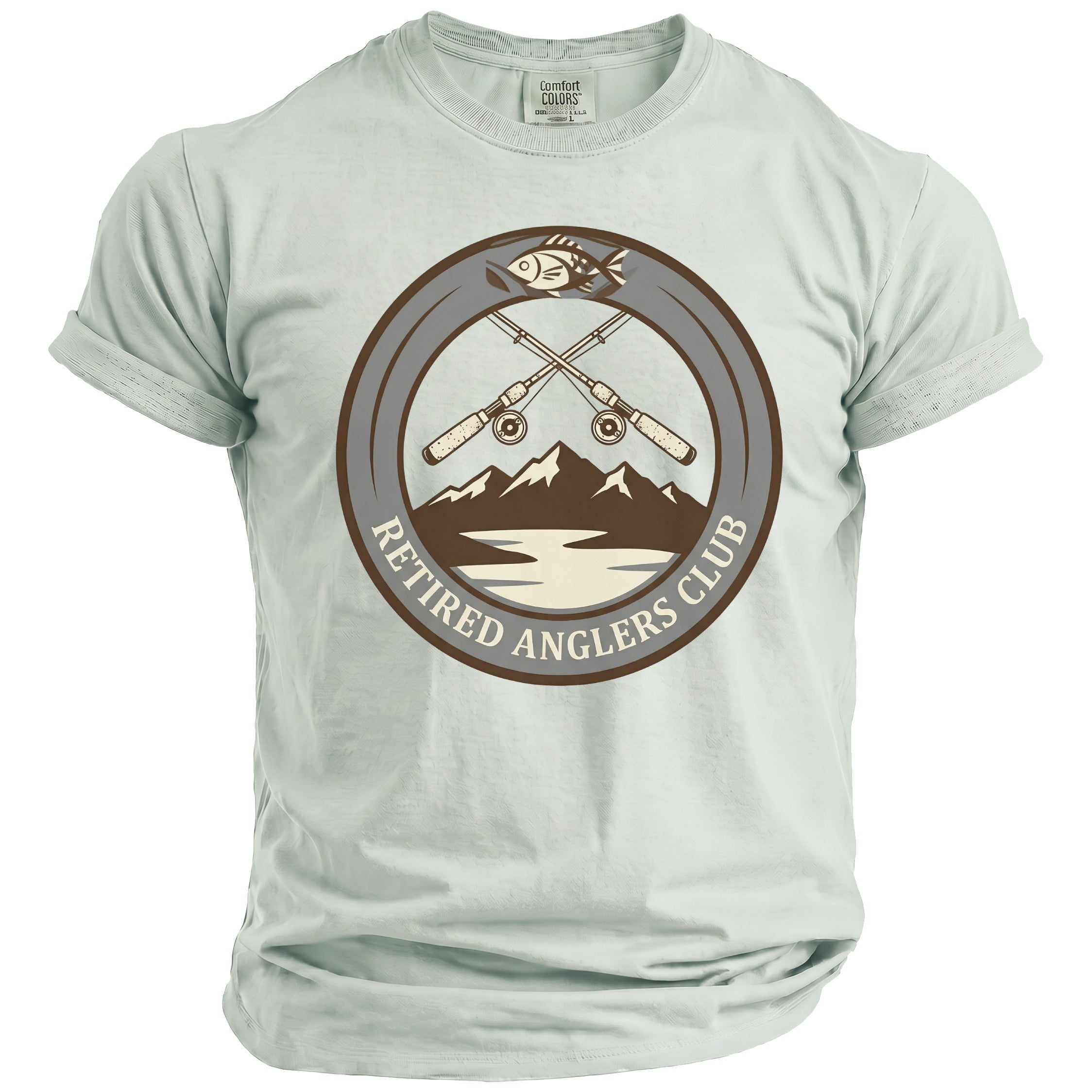 Light blue t-shirt with "Retired Anglers Club" graphic featuring fishing rods and mountains.