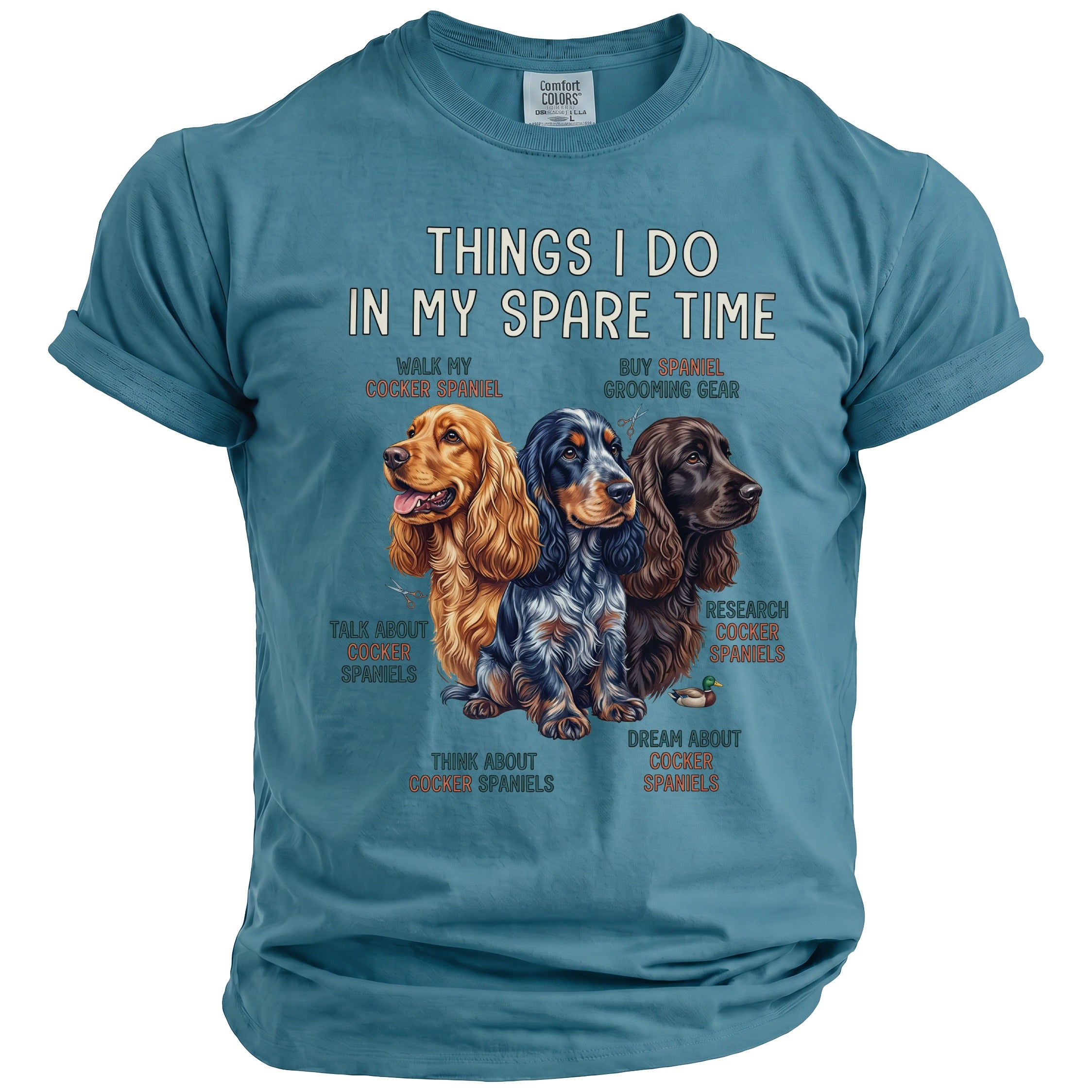 T-shirt with three cocker spaniels and text listing cocker spaniel activities.
