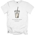 White t-shirt with sketch of iced coffee and text "Still Life with Caffeine".