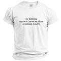 White oversized t-shirt with "my morning coffee & leave me alone" text.