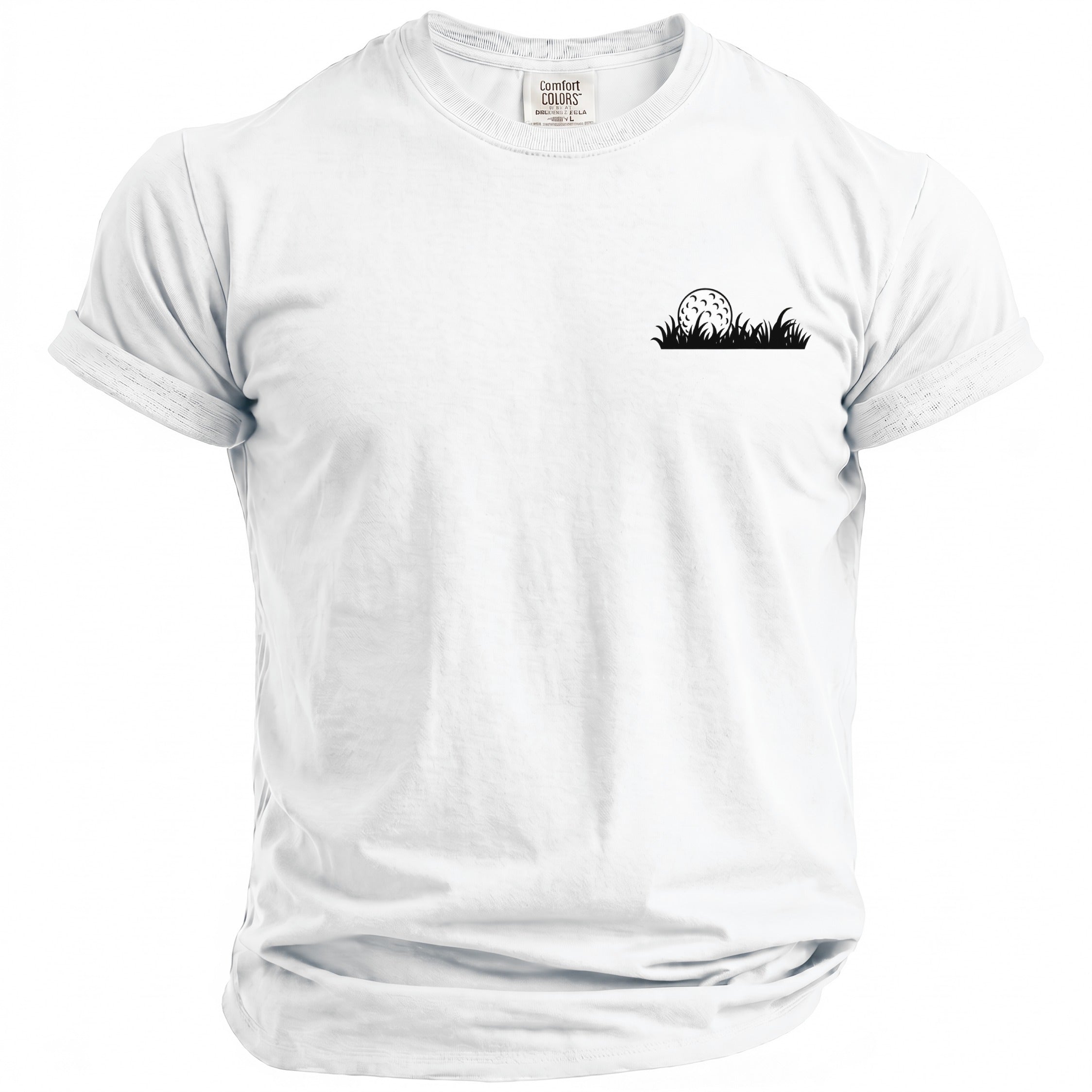 White Comfort Colors t-shirt with a black golf ball and grass design.