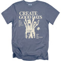 Blue t-shirt with "CREATE GOOD DAYS" and art supplies graphic.