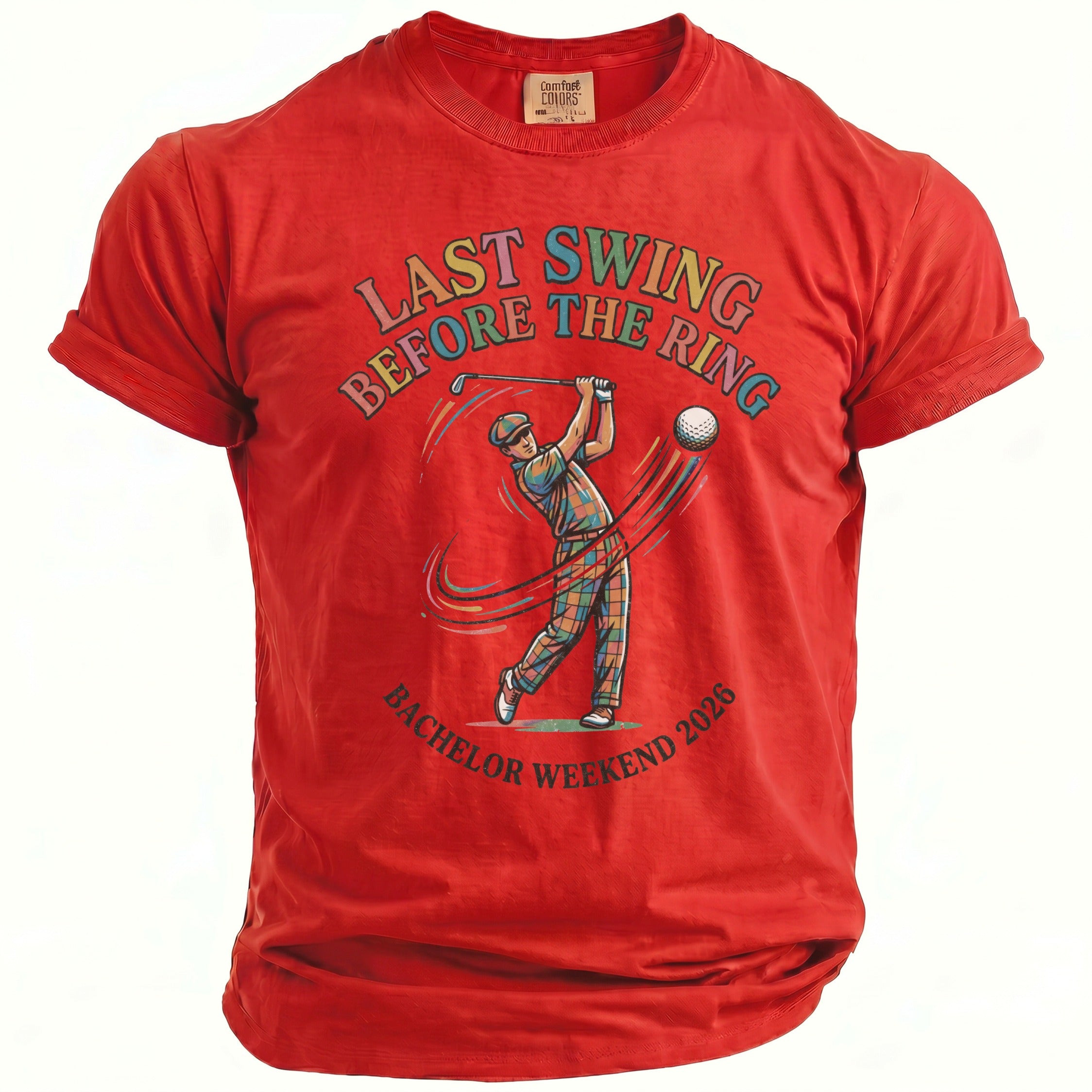 Red t-shirt with "Last Swing Before The Ring" and golfer graphic.