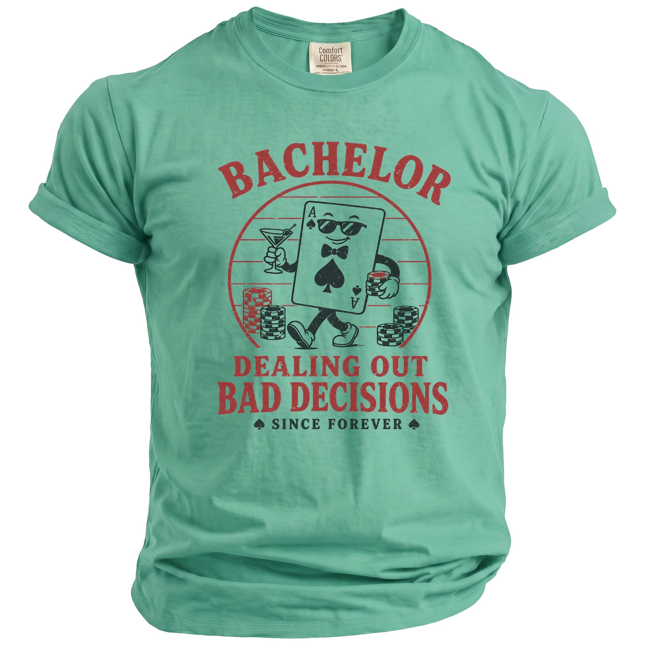 Green t-shirt with red text and graphic of an ace of spades playing card.
