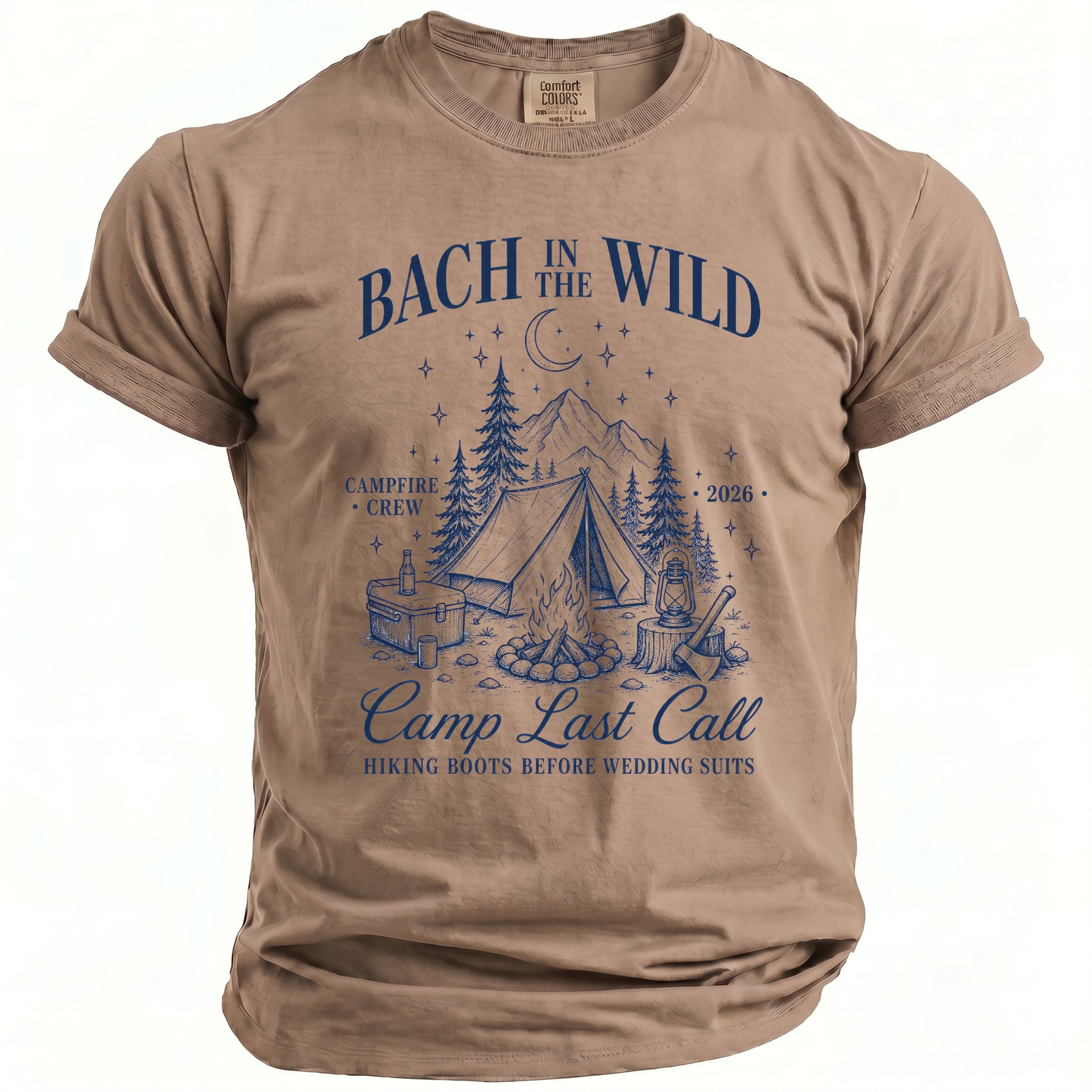 Brown t-shirt with "Bach in the Wild Campfire Crew 2026" and camping graphic.