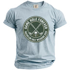 Light blue t-shirt with "Same Hole Forever Bachelor Golf Weekend 2026" graphic.
