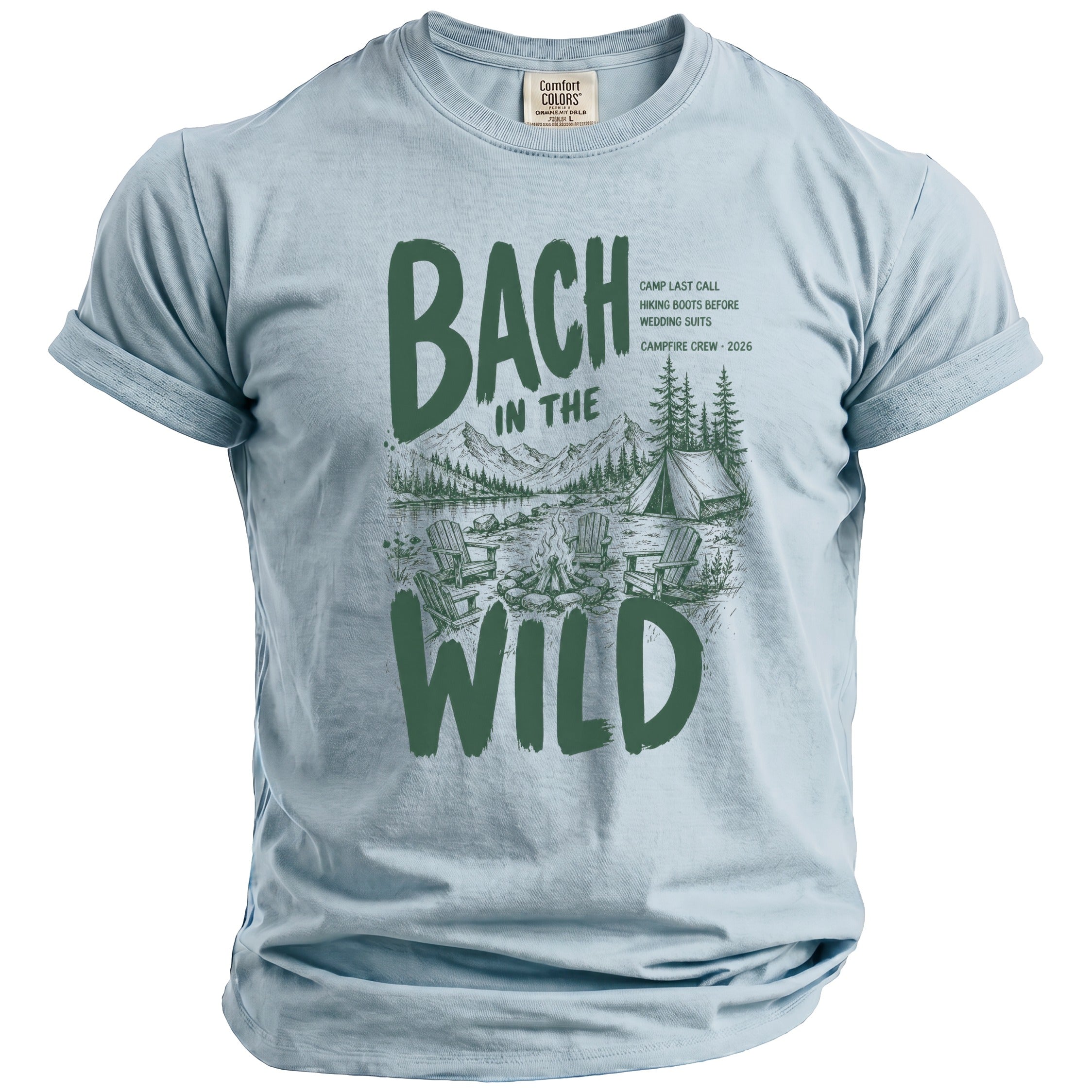 Light blue t-shirt with "Bach In The Wild" and camping graphic.