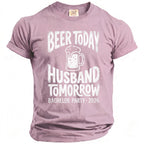 Pink t-shirt with white text: "Beer Today Husband Tomorrow Bachelor Party 2026".
