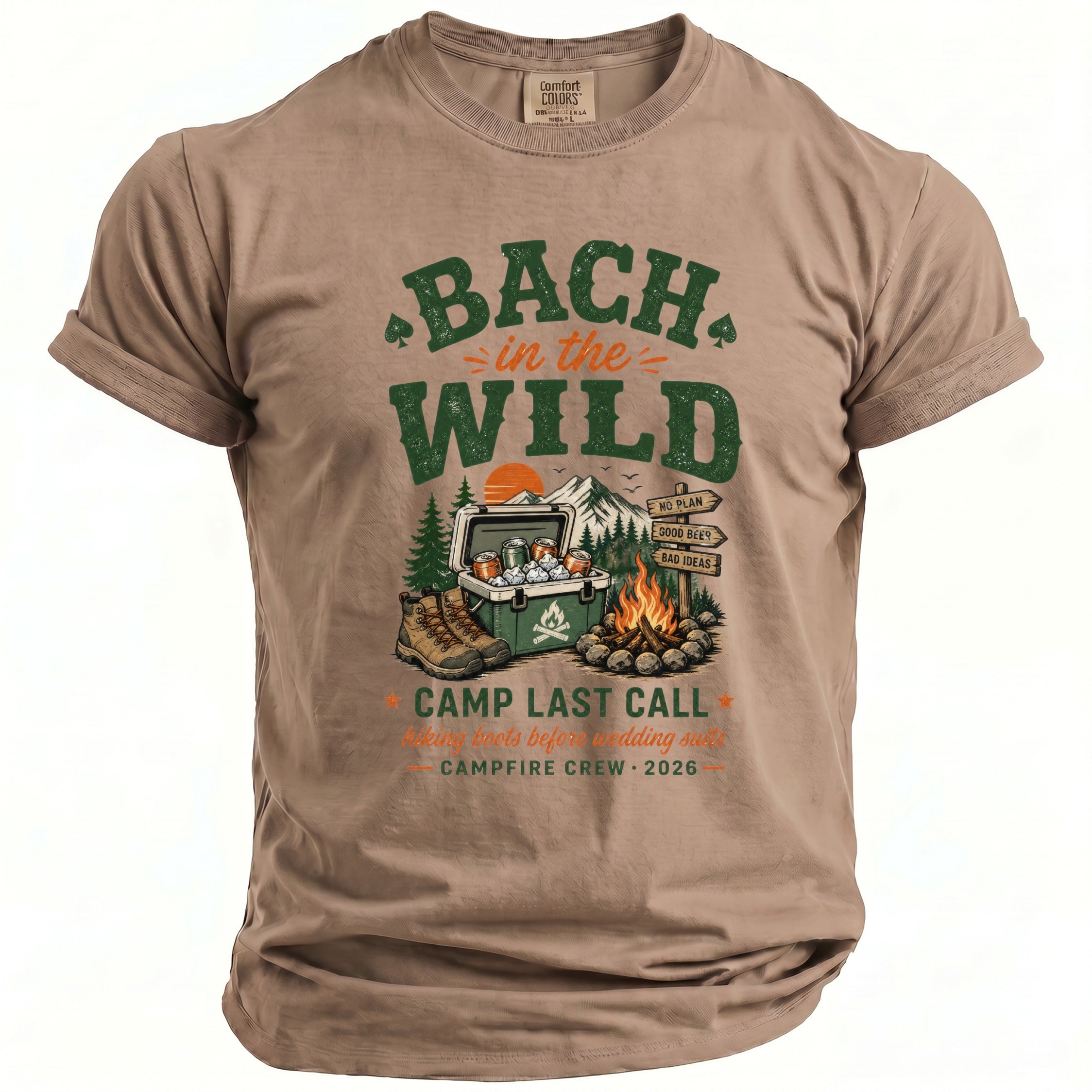 T-shirt with "Bach in the Wild Camp Last Call" graphic and camping scene.