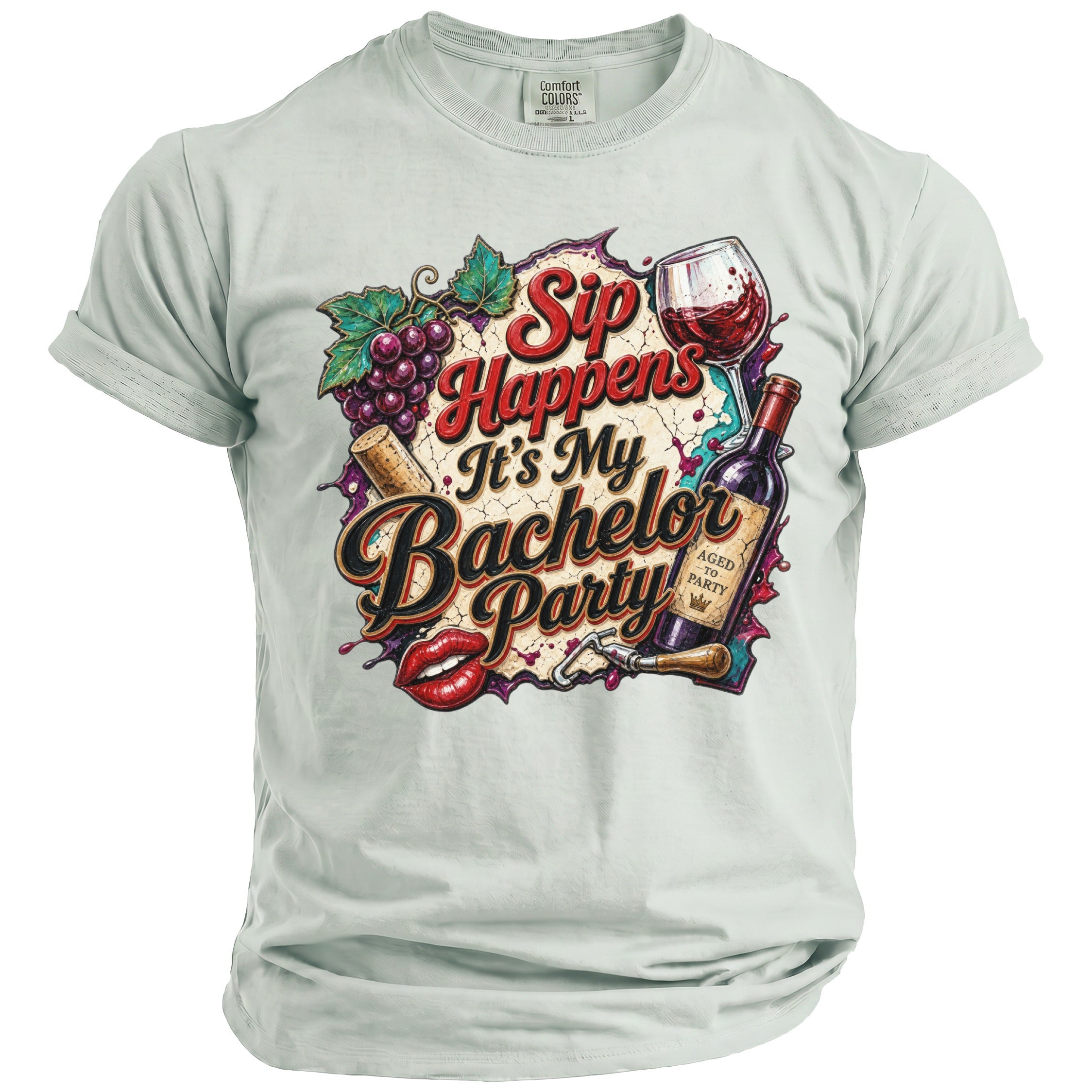 Light gray t-shirt with graphic "Sip Happens It's My Bachelor Party".