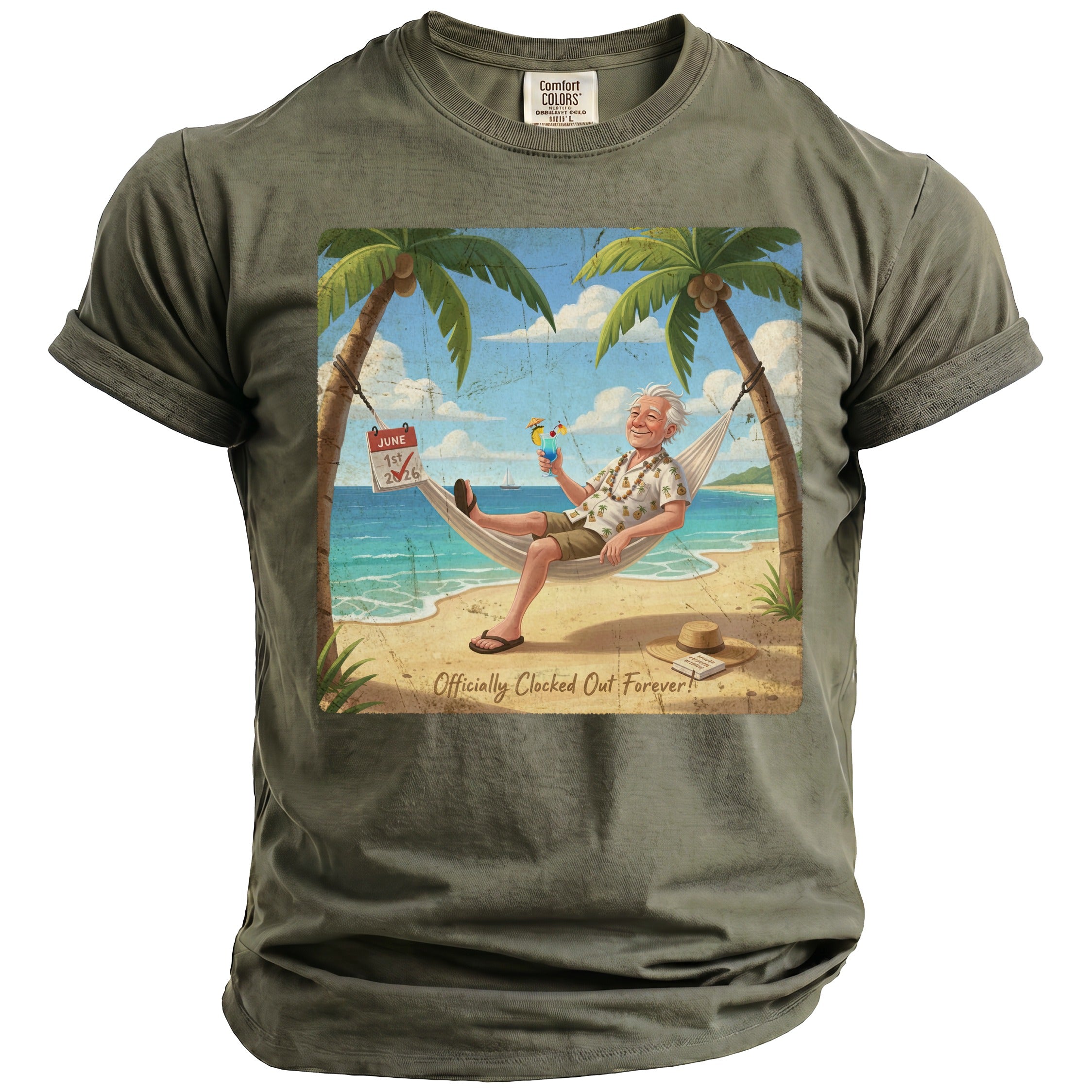 T-shirt graphic shows man in hammock on beach with text "Officially Clocked Out Forever!".
