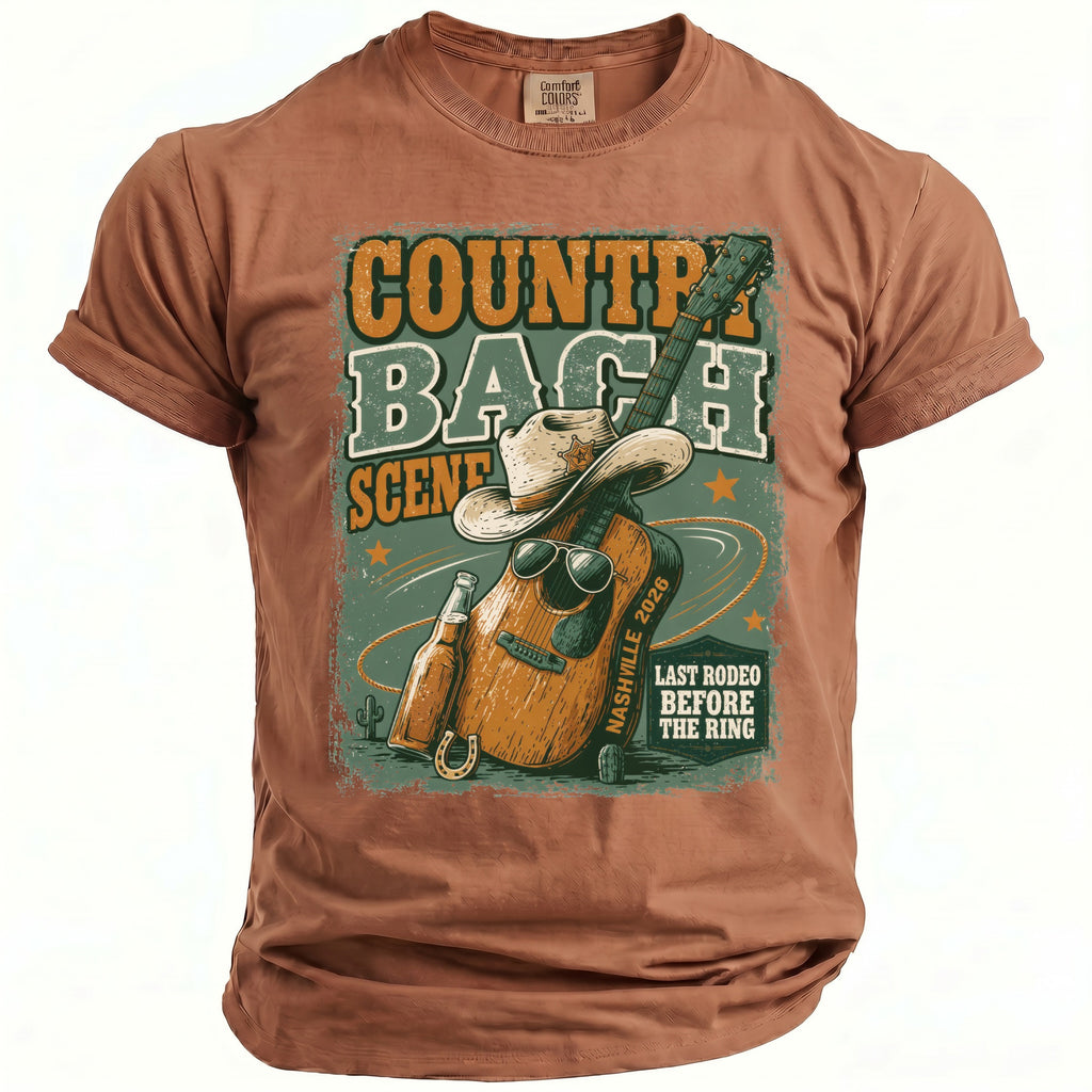 T-shirt graphic with guitar, cowboy hat, beer, and text: Country Bach Scene.