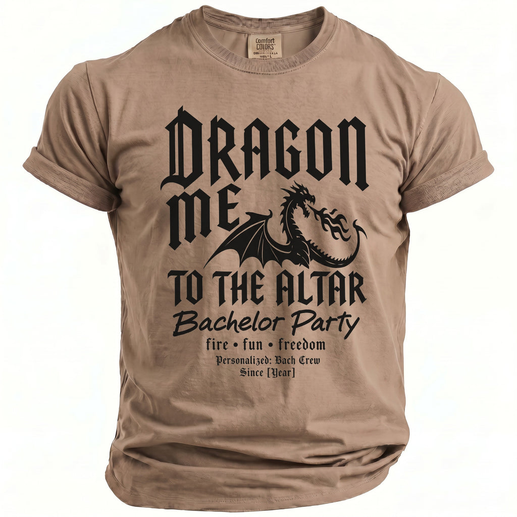 Light brown t-shirt with black gothic text and a dragon graphic for Bachelor Party.