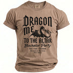 Light brown t-shirt with black gothic text and a dragon graphic for Bachelor Party.