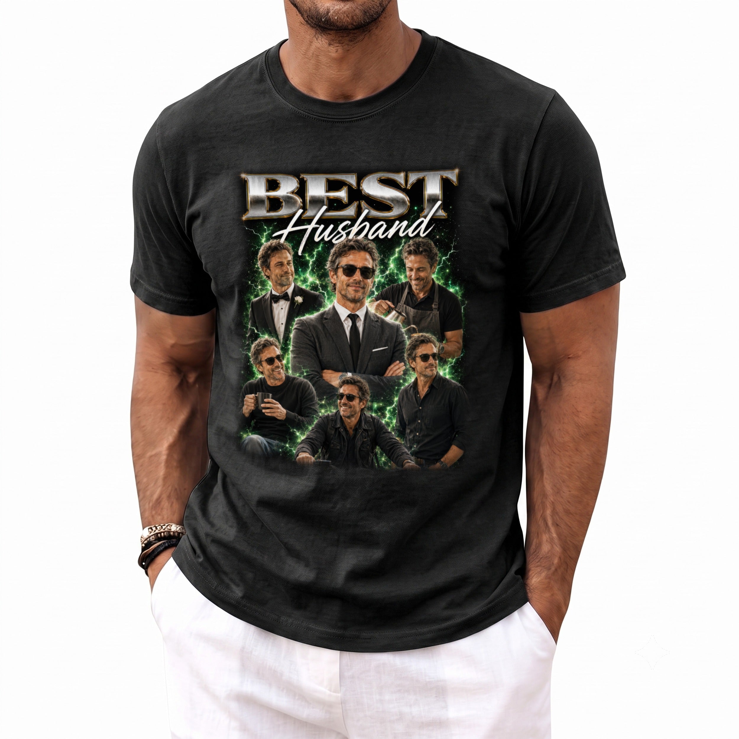 Black t-shirt featuring "BEST Husband" text and a collage of a man in five different outfits.
