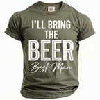 Olive green t-shirt with white text "I'LL BRING THE BEER Best Man"