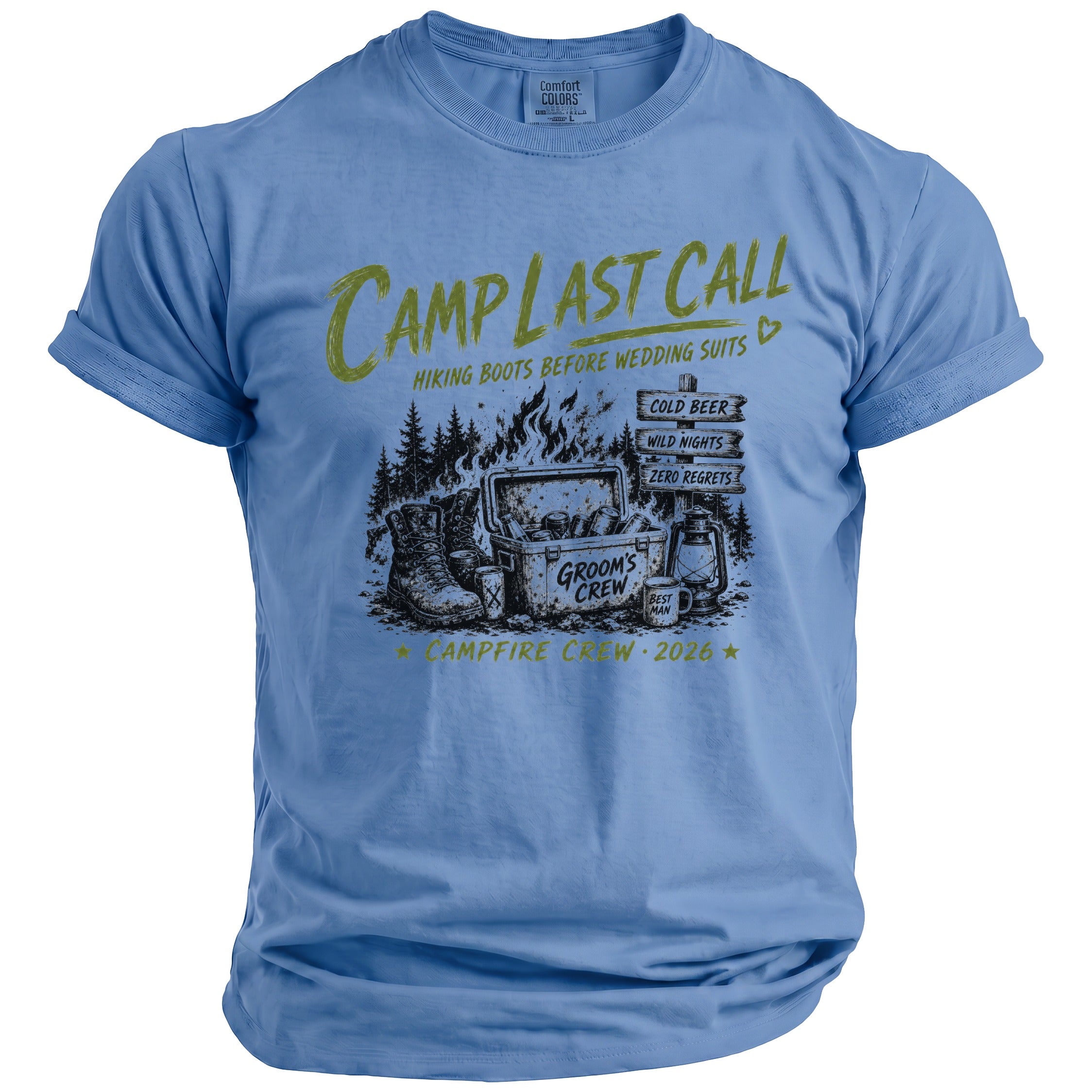 Blue t-shirt with graphic: Camp Last Call, hiking boots, cooler, lantern, and campfire.