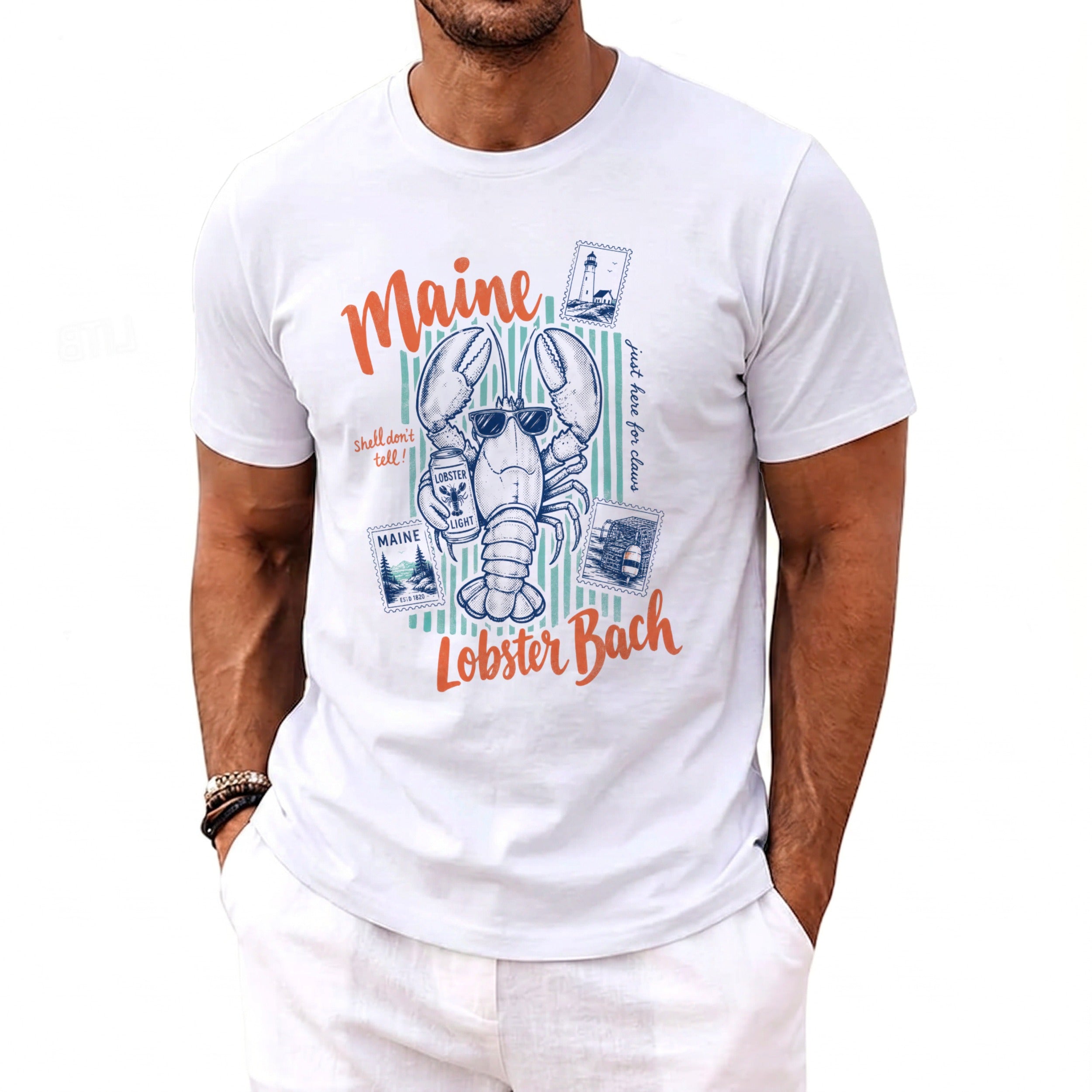 White t-shirt with a cartoon lobster wearing sunglasses, holding a "Lobster Light" can. Text reads "Maine Lobster Bach".