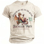 Adult t-shirt with a dragon smoking a cigar, text reads "Dragon My Ass To The Altar Bachelor Party Bach Crew".