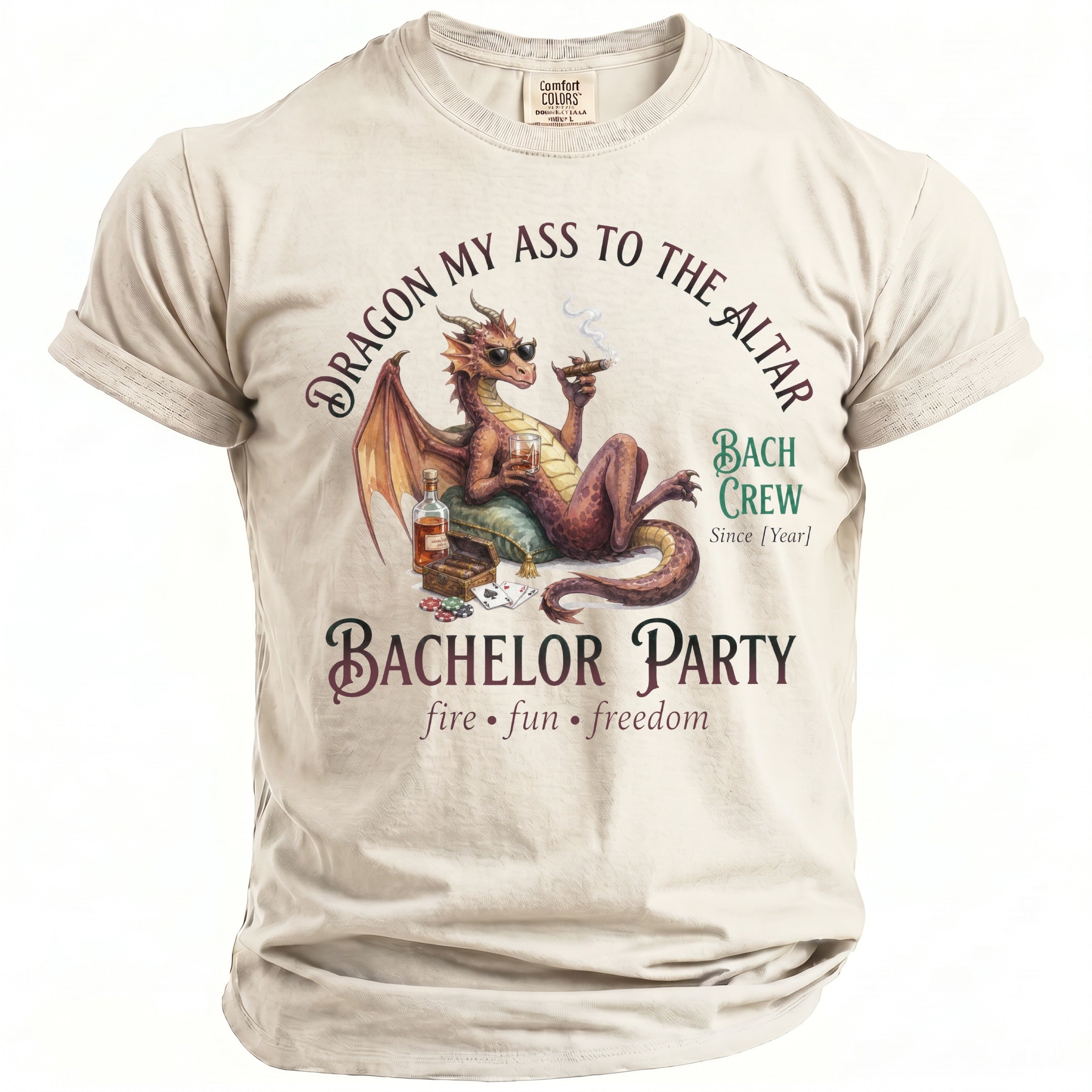 Adult t-shirt with a dragon smoking a cigar, text reads "Dragon My Ass To The Altar Bachelor Party Bach Crew".