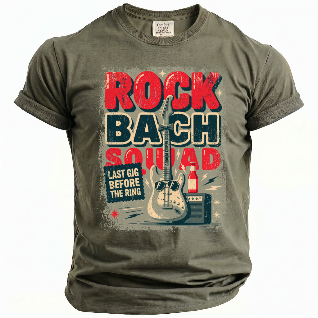 Green t-shirt with "ROCK BACH SQUAD LAST GIG BEFORE THE RING" graphic.
