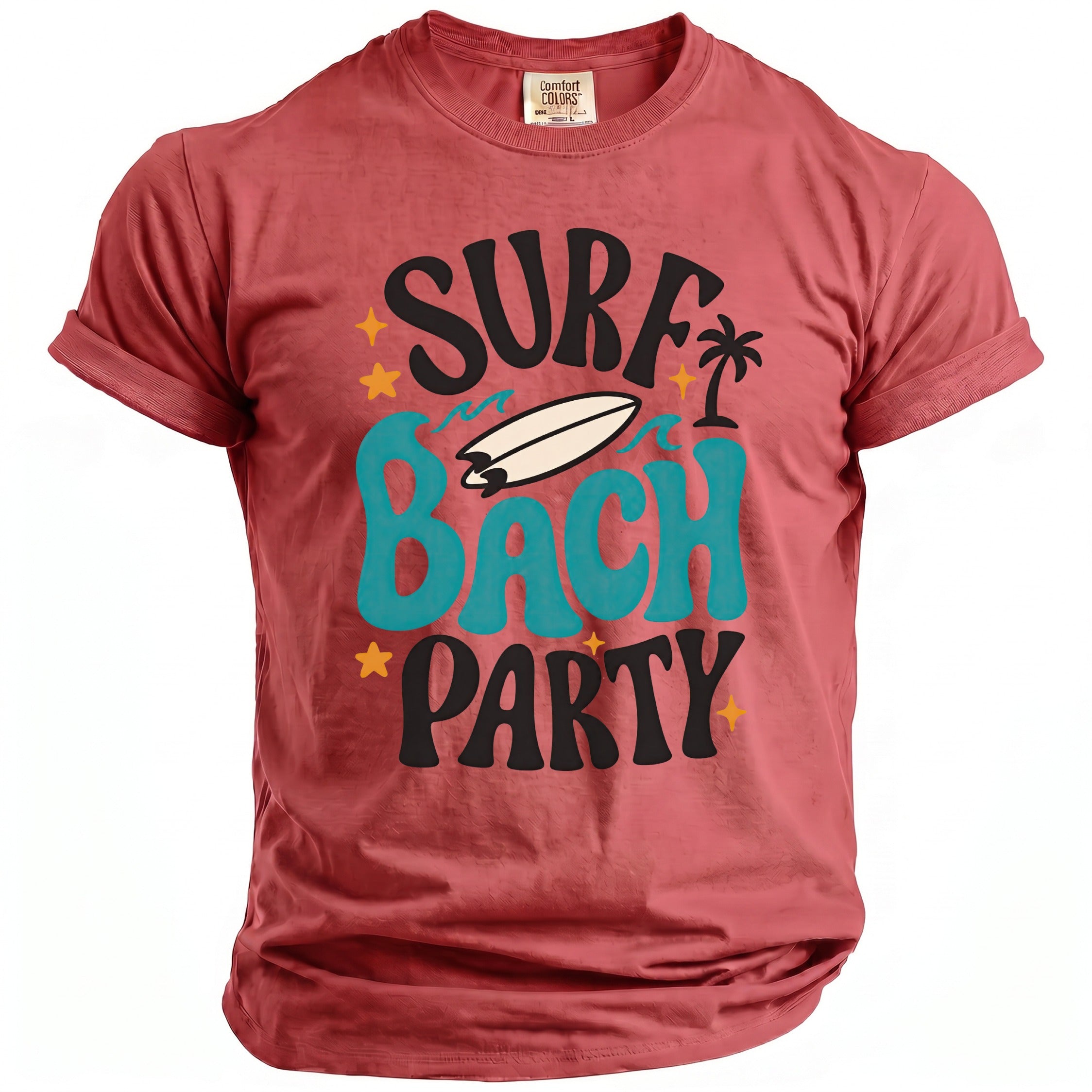 Red t-shirt with "Surf Bach Party" graphic and surfboard, palm tree, and stars.