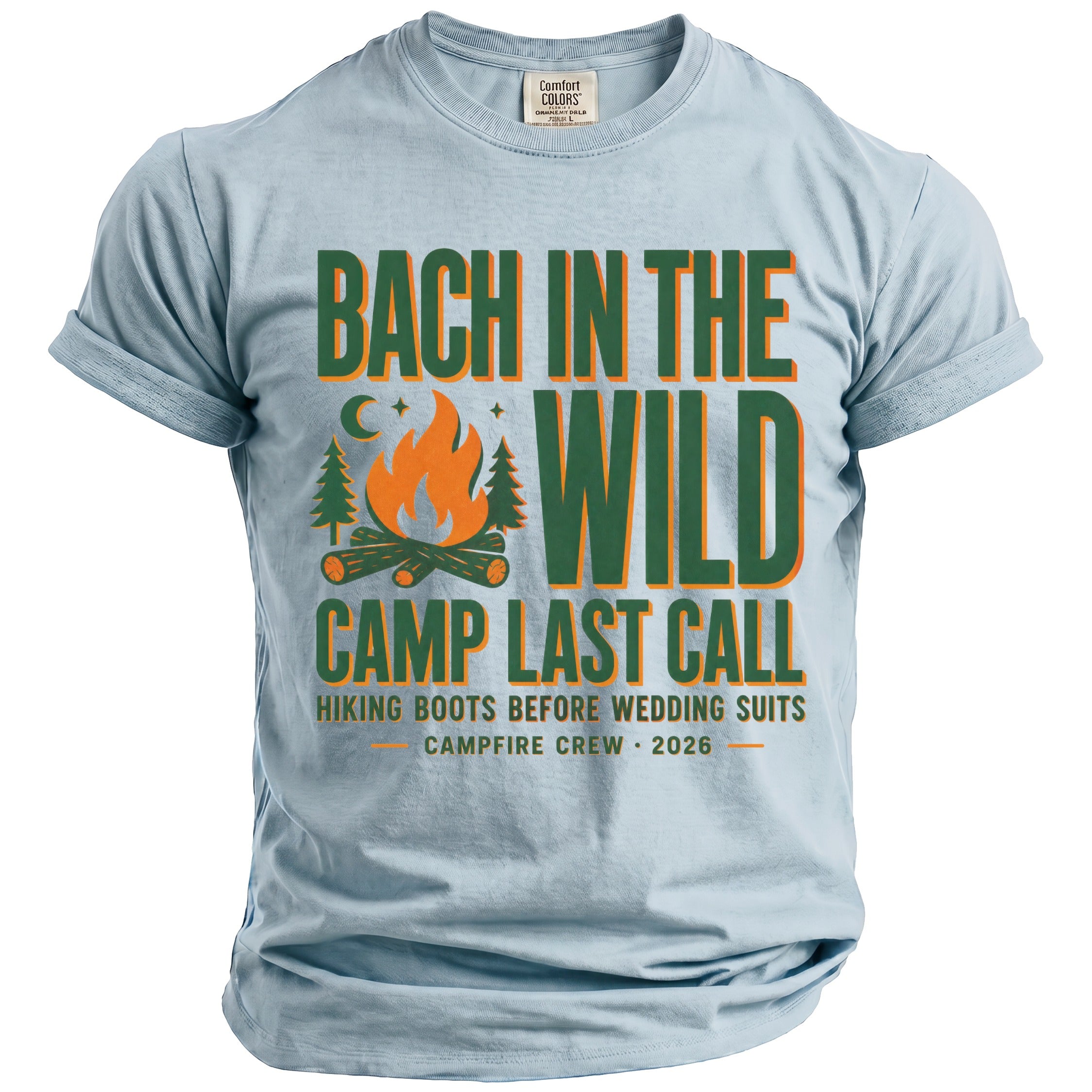 Light blue t-shirt with text "Bach In The Wild Camp Last Call" and graphics.