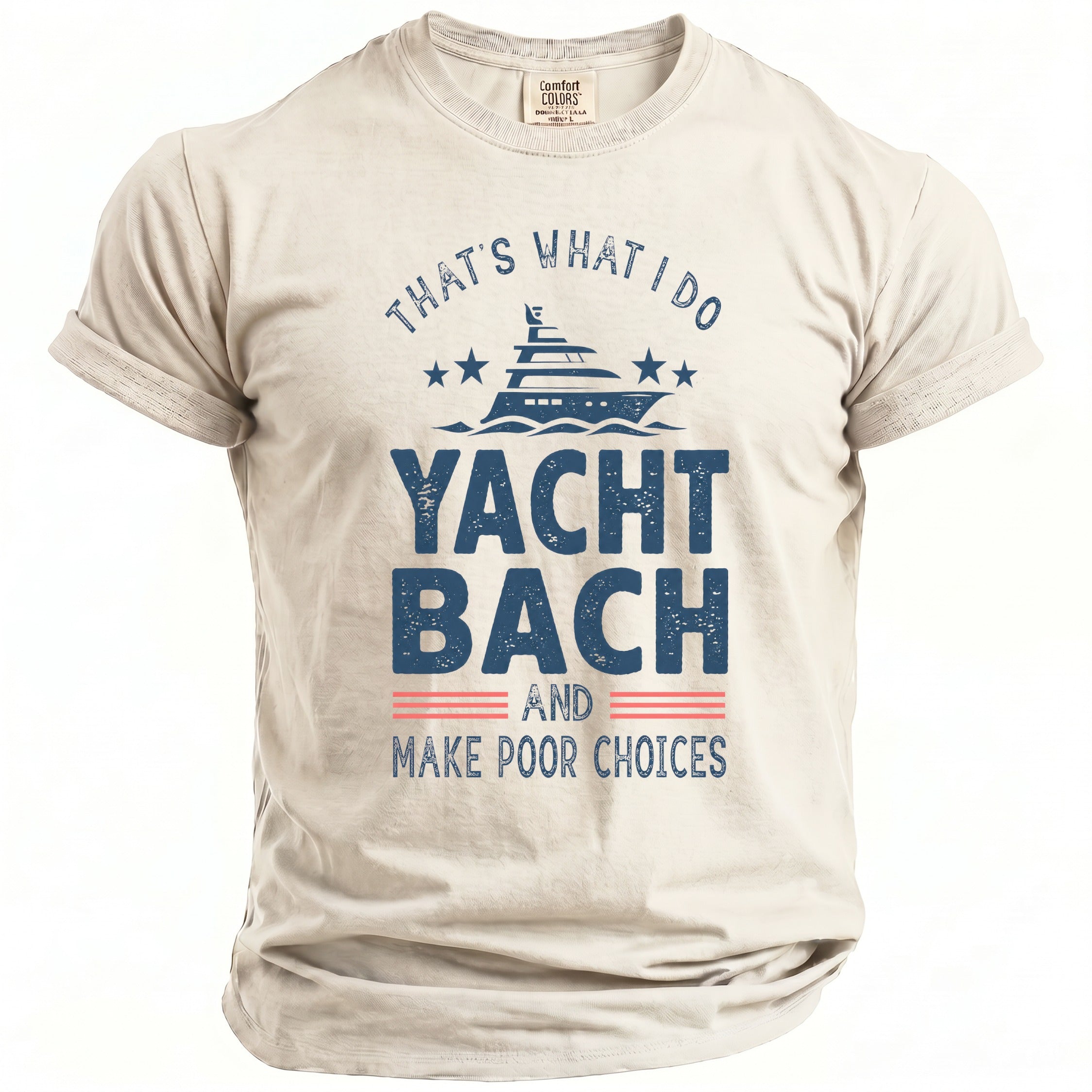 Beige t-shirt featuring distressed blue and red text and a yacht graphic on the front.