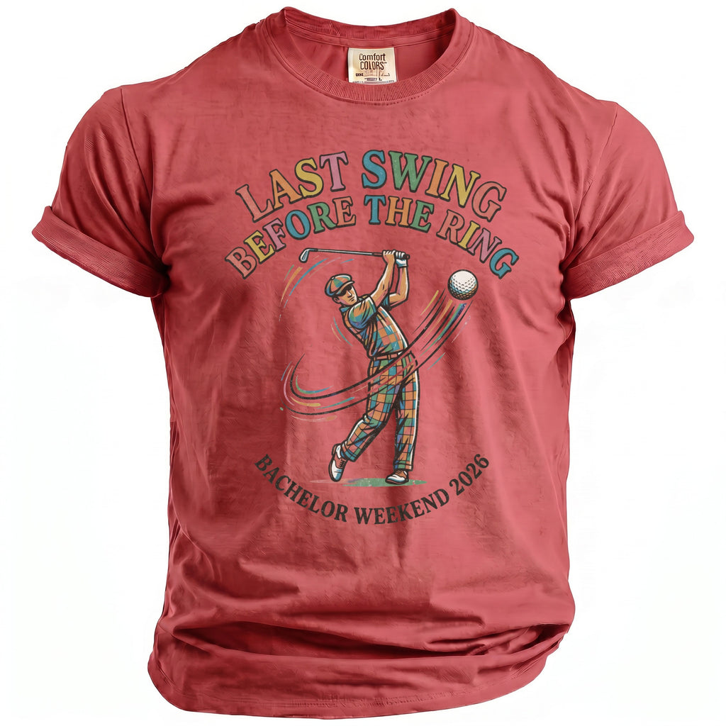 Salmon t-shirt with graphic of golfer saying "Last Swing Before the Ring Bachelor Weekend 2026".