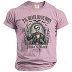 Pink t-shirt with skeleton graphic, "Til Death Do Us Party," and "Mike's Bach" text.