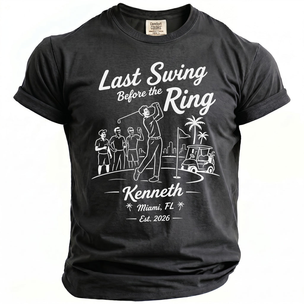 T-shirt with "Last Swing Before the Ring, Kenneth, Miami, FL, Est. 2026" graphic.