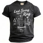 T-shirt with "Last Swing Before the Ring, Kenneth, Miami, FL, Est. 2026" graphic.
