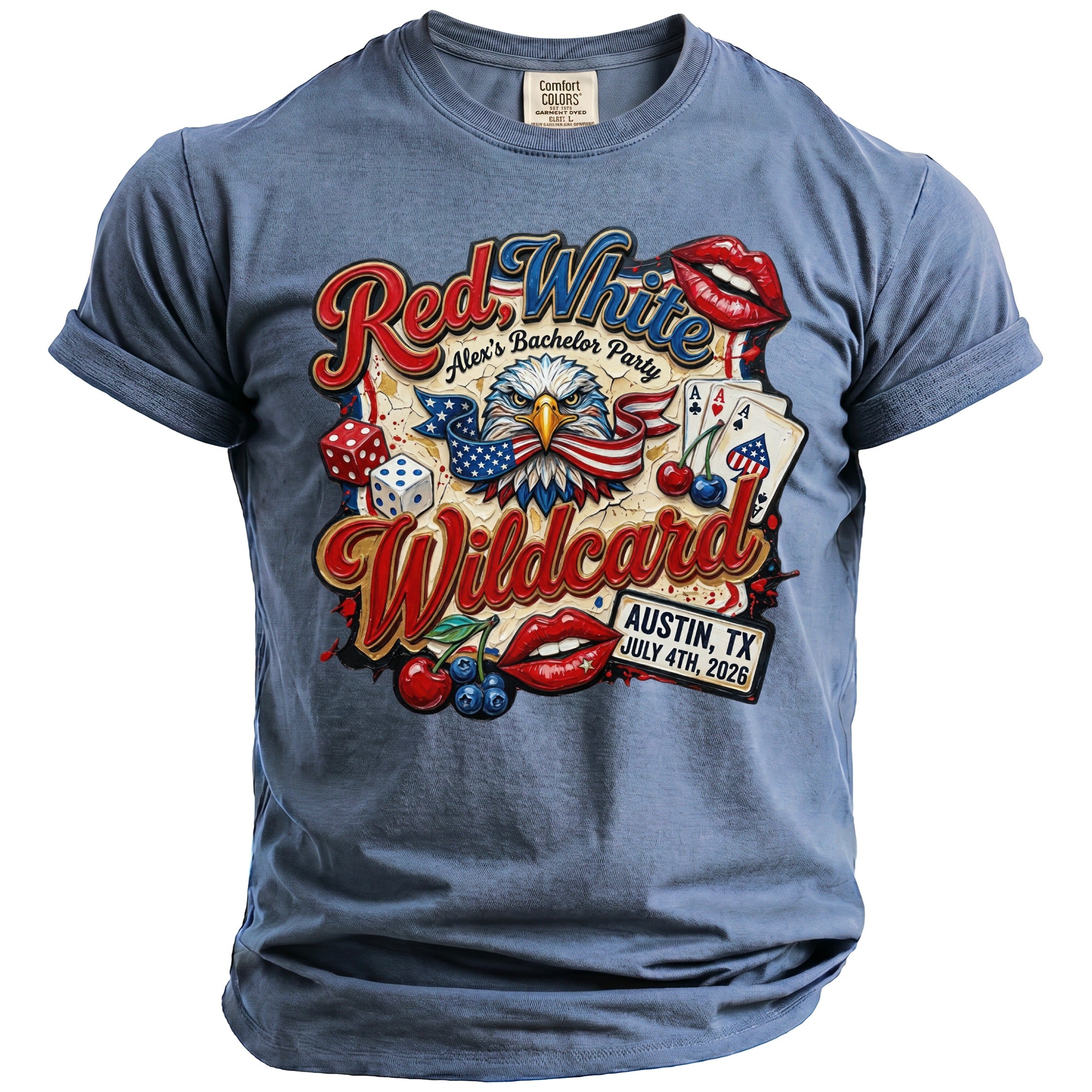 Blue t-shirt with "Red White Wildcard Alex's Bachelor Party" graphic.
